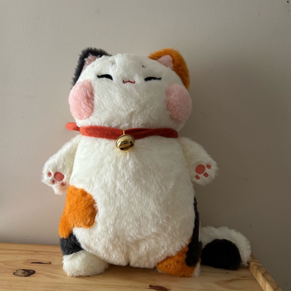 Plush Lucky Cat Toy with Bell Collar - White, Orange, Black